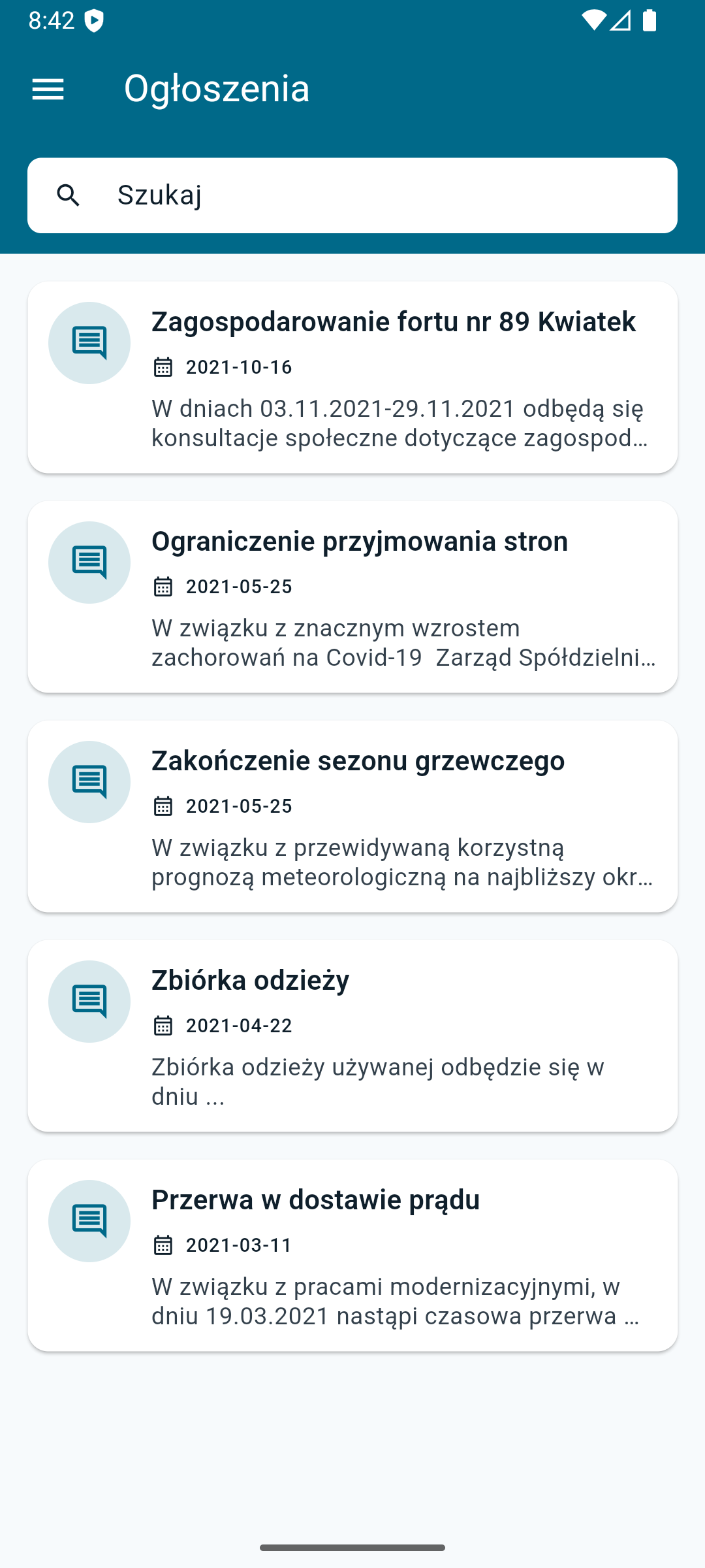 Ekran aplikacji mobilnej MojaSpółdzielnia